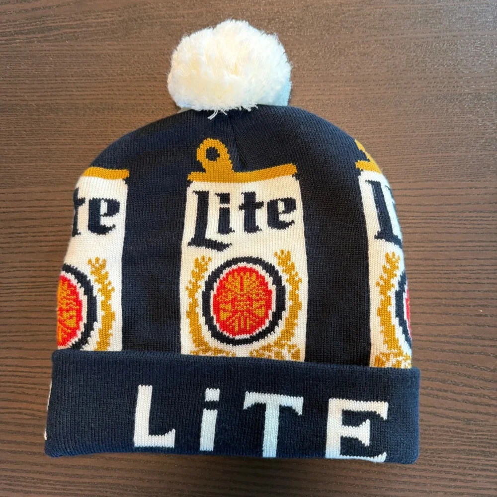 Miller Lite Beer Knit Beanie Hat Pom Pom Navy Blue Acrylic Winter Cap Mens OSFM